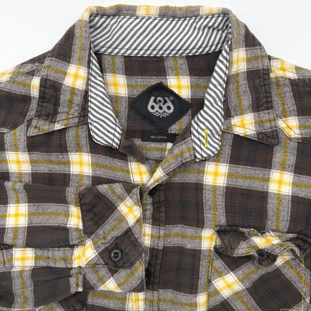 686 Flannel Shirt Mens Brown Yellow Plaid‎ Long Sleeve Button Up Western Yoke